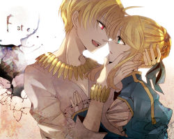 Rule 34 | 1boy, 1girl, artoria pendragon (all), artoria pendragon (fate), bad id, bad pixiv id, blonde hair, bracelet, fate/stay night, fate/zero, fate (series), gilgamesh (fate), green eyes, hair ribbon, jewelry, necklace, official alternate costume, open mouth, red eyes, ribbon, rinko (41r), saber (fate), short hair, smile