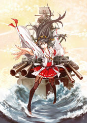 Rule 34 | 10s, 1girl, absurdres, bare shoulders, battleship, black hair, black thighhighs, blush, breasts, brown eyes, brown hair, cannon, detached sleeves, hair ornament, hairband, haruna (battleship), haruna (kancolle), highres, historical name connection, imperial japanese navy, iyokamioto, japanese clothes, kantai collection, lips, long hair, military, military vehicle, name connection, object namesake, personification, radar, radio, ship, skirt, smile, solo, thighhighs, turret, warship, water, watercraft