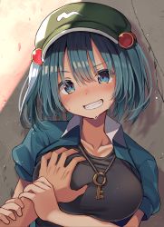 Rule 34 | 1boy, 1girl, black tank top, blouse, blue eyes, blue hair, blue shirt, blush, grabbing another&#039;s breast, breasts, collarbone, collared shirt, commentary request, deep skin, fang, grabbing, grin, groping, guided breast grab, guiding hand, hair between eyes, hair bobbles, hair ornament, hat, highres, holding another&#039;s wrist, kawashiro nitori, key, large breasts, looking at viewer, mamemochi, medium hair, open clothes, open shirt, puffy short sleeves, puffy sleeves, shirt, short sleeves, sidelocks, smile, sweat, tank top, touhou, twintails, two side up, wing collar