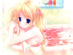 Rule 34 | 1girl, bath, bathing, blonde hair, blue eyes, blush, crossed arms, highres, mikeou, nude, petals, rose petals, solo, twintails, water