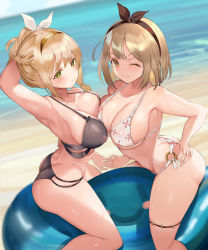 Rule 34 | 2girls, ;), alternate hair color, arm behind head, armpits, ass, asymmetrical docking, atelier (series), atelier ryza, atelier ryza 1, beach, bikini, black bikini, black hairband, black ribbon, blonde hair, blush, braid, breast envy, breast press, breasts, brown hair, butt crack, cleavage, closed mouth, collarbone, covered erect nipples, day, floral print, green eyes, hair ribbon, hairband, highres, holding hands, jealous, kirikawa, klaudia valentz, large breasts, looking at viewer, medium breasts, multiple girls, nipples, o-ring, o-ring bottom, ocean, one eye closed, outdoors, reisalin stout, ribbon, sand, see-through, short hair, smile, sweat, swimsuit, wavy mouth, wet, white bikini, yellow eyes, yellow hairband