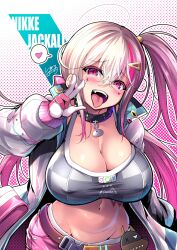 Rule 34 | 1girl, absurdres, breasts, c.r., choker, cleavage, colorful, eyeshadow, gloves, goddess of victory: nikke, heart, heart choker, heart tattoo, highres, jackal (nikke), jacket, large breasts, looking at viewer, makeup, multicolored clothes, multicolored hair, multicolored jacket, navel, open mouth, pink eyeshadow, pink gloves, pink hair, pink jacket, pink shorts, red eyeshadow, shorts, side ponytail, spiked choker, spiked thighlet, spikes, streaked hair, tattoo, tongue, tongue out, two-sided fabric, two-sided jacket, upper body, white hair, zipper pull tab