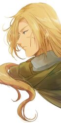 Rule 34 | 1boy, blonde hair, blue eyes, closed mouth, gensou suikoden, gensou suikoden i, gremio (suikoden), long hair, male focus, scar, scar on face, simple background, solo, white background
