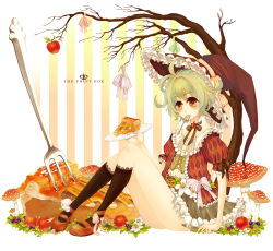 Rule 34 | 1girl, apple, apple pie, argyle, bad id, bad pixiv id, bare tree, belt, black socks, blush, brown eyes, choker, flower, fly agaric, food, fork, frilled skirt, frilled sleeves, frills, fruit, full body, green hair, hat, hat ribbon, holding, holding plate, knees up, knife, lace, lace-trimmed legwear, lace trim, manbou no suiso, mouth hold, mushroom, neck ribbon, on floor, original, pie, plate, puffy short sleeves, puffy sleeves, red footwear, ribbon, ribbon choker, shoes, short hair, short sleeves, sitting, skirt, skirt set, socks, solo, striped background, striped ribbon, tree, utensil in mouth, vertical stripes, white flower, witch hat