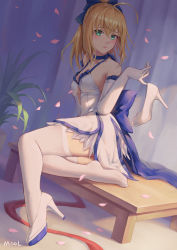 Rule 34 | 1girl, :o, ahoge, artist name, artoria pendragon (all), artoria pendragon (fate), bare shoulders, blonde hair, blue ribbon, blush, breasts, choker, dress, elbow gloves, fate/grand order, fate/stay night, fate (series), feet, gloves, green eyes, hair between eyes, hair ribbon, halter dress, halterneck, head tilt, high heels, highres, holding, holding shoe, holding shoes, long hair, looking at viewer, medium breasts, mool yueguang, official alternate costume, official alternate hairstyle, open mouth, petals, plant, potted plant, pumps, ribbon, saber (fate), saber (pure night dress) (fate), shoes, sidelocks, single shoe, sitting, solo, thighhighs, unworn shoe, unworn shoes, white dress, white footwear, white thighhighs, yokozuwari
