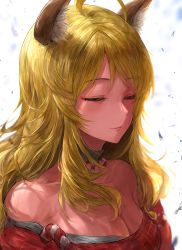Rule 34 | 1girl, animal ears, bare shoulders, blonde hair, blush, breasts, cat ears, chan1moon, cleavage, closed eyes, collarbone, commentary request, face, highres, hoshii miki, idolmaster, idolmaster (classic), idolmaster million live!, idolmaster million live! theater days, large breasts, long hair, ribbon, simple background, smile, solo, white background