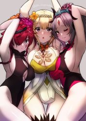Rule 34 | 3girls, absurdres, armpits, arms up, blonde hair, blue eyes, blush, breasts, cleavage, cleavage cutout, clothing cutout, facial mark, female focus, fire emblem, fire emblem heroes, flower, gupunetsu, hair flower, hair ornament, hair over one eye, highres, large breasts, leotard, long hair, looking at viewer, multiple girls, nintendo, no panties, one eye closed, open mouth, parted lips, peony (fire emblem), plumeria (fire emblem), pointy ears, purple eyes, purple hair, red eyes, red hair, short hair, sideboob, smile, triandra (fire emblem), underboob, wink