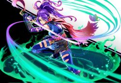 1girl breasts elbow_gloves gloves highres holding holding_sword holding_weapon japanese_clothes katana kimono long_hair marvel marvel_rivals psylocke purple_eyes purple_hair rodrigo_yoshimiya sarashi sash scarf short_kimono skirt solo superhero_costume sword thighhighs weapon x-men