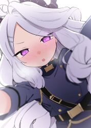 Rule 34 | 1girl, absurdres, belt, black belt, black jacket, blue archive, blush, blush stickers, dutch angle, embarrassed, full-face blush, futapi, grey hair, hair ornament, hairclip, highres, hina (blue archive), horns, incoming hug, jacket, long hair, looking at viewer, parted lips, purple eyes, simple background, solo, upper body, white background