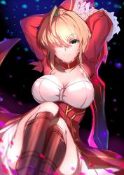 Rule 34 | 1girl, aestus estus, arms up, blush, breasts, cleavage, fate/grand order, fate (series), hair over one eye, kameponde, looking at viewer, medium breasts, nero claudius (fate), nero claudius (fate), nero claudius (fate/extra), short hair, smile, solo, sword, thighs, weapon