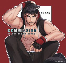 Rule 34 | 1boy, abs, animal ears, artist name, bara, bare pectorals, black hair, blackkdogg, commission, gloves, highres, jacket, large pectorals, looking at viewer, male focus, muscular, muscular male, original, pants, pectoral cleavage, pectorals, red eyes, scar, tail, tiger boy, tiger ears, tiger tail