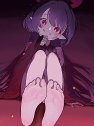 Rule 34 | 1girl, barefoot, bell, black nails, blue archive, evil grin, evil smile, fingernails, grin, halo, highres, long hair, looking at viewer, nail polish, oozumi 03, pointy ears, purple hair, red eyes, red halo, smile, soles, solo, toes