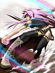 Rule 34 | blue eyes, boots, double lariat (vocaloid), headphones, jin (mugenjin), long hair, megurine luka, midriff, motion blur, navel, pink hair, smile, solo, thighhighs, vocaloid
