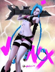Rule 34 | 1girl, absurdres, blue hair, boots, braid, ghostcero, gloves, hairline, highres, jinx (league of legends), league of legends, lipstick, long hair, makeup, pink eyes, shorts, single thighhigh, tattoo, thighhighs, twin braids, weapon