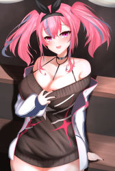 Rule 34 | 1girl, :d, absurdres, arm support, azur lane, bare shoulders, between breasts, black choker, black nails, black ribbon, black sweater, blush, bra strap, breasts, bremerton (azur lane), bremerton (day-off date) (azur lane), choker, cleavage, clothes pull, collarbone, commentary request, cowboy shot, dress, grey hair, hair between eyes, hair intakes, hair ornament, hair ribbon, highres, indoors, jacket, large breasts, long hair, looking at viewer, mole, mole on breast, multicolored hair, nail polish, off-shoulder dress, off-shoulder sweater, off shoulder, official alternate costume, open clothes, open mouth, pink eyes, pink hair, ribbon, shadow, sidelocks, sitting, sitting on table, smile, solo, star (symbol), star print, strap between breasts, streaked hair, sweater, sweater dress, sweater pull, teeth, twintails, two-tone hair, upper teeth only, ville87804, white jacket