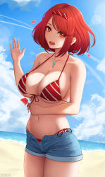 Rule 34 | 1girl, :o, alternate costume, artist name, bare shoulders, beach, bikini, bikini under clothes, blue sky, blush, breasts, chest jewel, cleavage, cloud, day, denim, denim shorts, female focus, food, gem, hairband, halterneck, hand up, heart, highres, large breasts, looking at viewer, matching hair/eyes, midriff, navel, nintendo, ocean, open mouth, outdoors, popsicle, pyra (xenoblade), red bikini, red eyes, red hair, red shirt, shirt, shore, short hair, short shorts, shorts, side-tie bikini bottom, sidelocks, sky, solo, standing, stomach, swept bangs, swimsuit, thighs, unbuttoned, underboob, water, waves, waving, xenoblade chronicles (series), xenoblade chronicles 2, zaphn