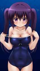 Rule 34 | 1girl, awa, breasts, cleavage, clothes pull, competition school swimsuit, covered navel, cowboy shot, facing viewer, gochuumon wa usagi desu ka?, highres, long hair, one-piece swimsuit, one-piece swimsuit pull, purple eyes, purple hair, school swimsuit, solo, swimsuit, tedeza rize, trembling, twintails