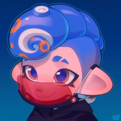 Rule 34 | 1boy, absurdres, blue background, blue hair, closed mouth, commentary request, eyebrow cut, highres, inkumochi, male focus, mask, mohawk, nintendo, octoling, octoling boy, octoling player character, orange eyes, smile, solo, splatoon (series), upper body
