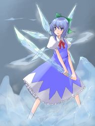 Rule 34 | 1girl, bad id, bad pixiv id, blue eyes, blue hair, bow, cirno, crystal sword, female focus, ice, matching hair/eyes, omuko, short hair, solo, sword, touhou, touhou hisoutensoku, weapon, wings