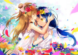 Rule 34 | 2girls, alternate hairstyle, bare shoulders, blue hair, blush, commentary, dress, flower, grey hair, hair flower, hair ornament, hair ribbon, hand on own chest, head wreath, highres, kotori, long hair, love live!, love live! school idol festival, love live! school idol project, low ponytail, minami kotori, multiple girls, one eye closed, one side up, open mouth, outdoors, petals, ribbon, sd pink, sitting, sleeveless, sleeveless dress, smile, sonoda, sonoda umi, sundress, white dress, yellow eyes