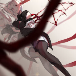 Rule 34 | 1girl, absurdres, arknights, bare shoulders, black pantyhose, blood wings, breast press, breasts, calvinlex049, closed mouth, commentary, cross, detached sleeves, dutch angle, english commentary, feet out of frame, hemokinesis, highres, long hair, long sleeves, looking at viewer, lying, medium breasts, miniskirt, on side, pantyhose, pointy ears, red cross, red eyes, red ribbon, red wings, reflection, ribbon, skirt, solo, very long hair, warfarin (arknights), white hair, white skirt, wings