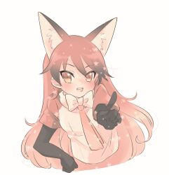 Rule 34 | 1girl, animal ears, black gloves, blush, bow, bowtie, brown eyes, elbow gloves, extra ears, fox ears, fox girl, gloves, highres, kemono friends, kuromitsu (9633 kmfr), long hair, looking at viewer, necktie, red fox (kemono friends), red hair, shirt, simple background, solo, straight hair, upper body