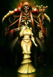 Rule 34 | 1boy, 1girl, ainz ooal gown, albedo (overlord), armor, black hair, black robe, black sclera, black wings, breasts, burunuu (bullnukko), cleavage, colored sclera, demon girl, demon horns, demon wings, detached collar, dress, feathered wings, feathers, frills, gloves, glowing, glowing eye, hair between eyes, hip vent, holding, holding staff, hood, hood up, horns, jewelry, large breasts, lich, looking at viewer, low wings, necklace, necromancer, overlord (maruyama), pauldrons, red eyes, ribs, robe, shoulder armor, skeleton, skull, slit pupils, smile, staff, white dress, white gloves, wide sleeves, wings, yellow eyes