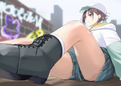 Rule 34 | 1girl, asakura toru, baseball cap, blue eyes, blue hair, blurry, blurry background, boots, brown hair, commentary request, day, earrings, gradient hair, hair ornament, hairclip, hat, highres, hood, hoodie, idolmaster, idolmaster shiny colors, jewelry, knees up, long sleeves, multicolored hair, nemu (46 2367teimei), on ground, outdoors, plaid, plaid shorts, short hair, shorts, solo, thighs, white hat