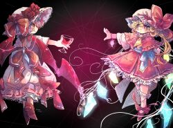 Rule 34 | 2girls, bat wings, black background, blonde hair, blush, capelet, closed mouth, crystal, cup, dress, drinking glass, fang, flandre scarlet, frilled dress, frills, full body, grey hair, hat, holding, holding cup, mame komari, multiple girls, red capelet, red eyes, red footwear, red skirt, red wings, remilia day, remilia scarlet, shoes, short hair, short sleeves, siblings, simple background, sisters, skirt, smile, touhou, twitter username, white dress, white headwear, wine glass, wings