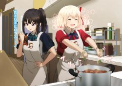 Rule 34 | 2girls, :d, ^ ^, absurdres, apron, arema, black hair, blonde hair, closed eyes, commentary request, closed eyes, food, hair ribbon, highres, holding, indoors, inoue takina, kitchen, lycoris recoil, multiple girls, nishikigi chisato, open mouth, pepper, ponytail, purple eyes, red ribbon, ribbon, short hair, smile, translation request, uniform, white apron