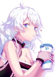Rule 34 | 1girl, alternate costume, bandeau, bare shoulders, blue eyes, blush, breasts, character name, cleavage, collar, cup, dev (dev0614), drinking, drinking straw, gloves, heart, highres, holding, holding cup, honkai (series), honkai impact 3rd, kiana kaslana, kiana kaslana (valkyrie ranger), large breasts, looking at viewer, see-through, simple background, solo, sweat, underboob, upper body, white background, white hair