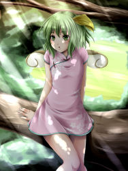 Rule 34 | 1girl, :o, arm support, bad id, bad pixiv id, blush, china dress, chinese clothes, daiyousei, dappled sunlight, dress, female focus, floral print, green eyes, green hair, hair ribbon, highres, in tree, legs, light rays, matching hair/eyes, mochi.f, open mouth, pink dress, pink skirt, ribbon, shade, short dress, short hair, side ponytail, sitting, sitting in tree, skirt, solo, sunbeam, sunlight, embodiment of scarlet devil, touhou, tree, wings