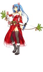Rule 34 | 1girl, blue hair, boots, bow (weapon), breasts, cleavage, detached sleeves, full body, green eyes, highres, holding, holding bow (weapon), holding weapon, light smile, long hair, official art, one side up, sack, shirohime quest, side slit, solo, thighhighs, transparent background, weapon, yamatokouriyama (shirohime quest)