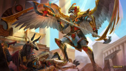 Rule 34 | 1boy, absurdres, armor, bird, blue eyes, bracelet, copyright name, egypt, egyptian, falcon, feathered wings, furry, furry male, gaston aguilera, gloves, glowing, glowing eyes, helmet, highres, horus (smite), jewelry, male focus, official art, polearm, red eyes, rock, sky, smite, solo, spear, weapon, wings