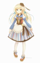 Rule 34 | 1girl, ankle boots, black hat, blonde hair, blue dress, blue eyes, boots, brown hair, closed mouth, commentary, dress, earrings, full body, hair ornament, hair ribbon, hat, highres, jewelry, kosame koori, krona (kosame koori), long hair, long sleeves, looking at viewer, medium dress, mini hat, multicolored clothes, multicolored dress, original, pantyhose, ribbon, simple background, smile, snowflake hair ornament, solo, standing, striped clothes, striped dress, twitter username, vertical-striped clothes, vertical-striped dress, white background, white pantyhose, white ribbon