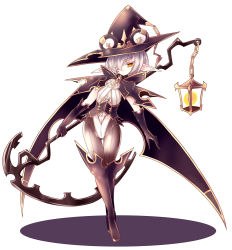 Rule 34 | 1girl, boots, cape, chain, collar, frills, full body, gloves, hair over one eye, hat, holding, holding weapon, knee boots, lantern, original, pointy ears, scythe, shadow, syarute, weapon, white background, white hair, witch hat, yellow eyes