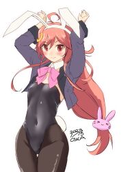 Rule 34 | 1girl, ahoge, animal ears, black leotard, black pantyhose, bow, bowtie, covered navel, crescent, crescent hair ornament, detached collar, fake animal ears, hair ornament, hair ribbon, highres, jacket, kantai collection, leotard, long hair, looking at viewer, owa (ishtail), pantyhose, pink bow, pink eyes, pink hair, playboy bunny, rabbit ears, rabbit hair ornament, rabbit tail, ribbon, solo, strapless, strapless leotard, tail, traditional bowtie, uzuki (kancolle), wrist cuffs