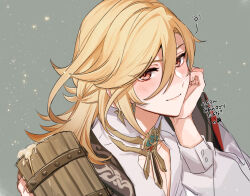 1boy bishounen blonde_hair blush brooch cheek_rest closed_mouth cup drunk eyes_visible_through_hair foam genshin_impact gradient_background grey_background hair_between_eyes hand_on_own_cheek hand_on_own_face hand_up highres holding holding_cup jewelry kaveh_(genshin_impact) light_particles light_smile long_sleeves looking_at_viewer male_focus pectoral_cleavage pectorals red_eyes shirt solo sushi_171 tipsy unfinished wavy_mouth white_shirt