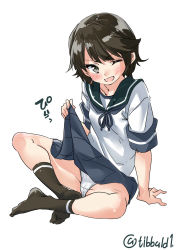 Rule 34 | 1girl, bad id, bad twitter id, black eyes, blue skirt, blush, brown hair, brown socks, clothes lift, ebifurya, full body, highres, inactive account, kantai collection, lifted by self, looking at viewer, miyuki (kancolle), no shoes, one eye closed, open mouth, panties, pleated skirt, school uniform, serafuku, short hair, short sleeves, simple background, sitting, skirt, skirt lift, socks, solo, twitter username, underwear, white background, white panties