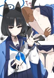 Rule 34 | 1boy, 1girl, animal ears, ass, black eyes, black hair, black panties, black sailor collar, blue archive, blue halo, blue neckerchief, cat&#039;s cradle, cat ears, cunnilingus, faceless, faceless male, female pubic hair, halo, haori, heart, highres, japanese clothes, k-y, kikyou (blue archive), licking, long sleeves, multiple views, neckerchief, oral, panties, pubic hair, sailor collar, school uniform, serafuku, short hair, simple background, spoken squiggle, squiggle, tongue, tongue out, underwear, white background