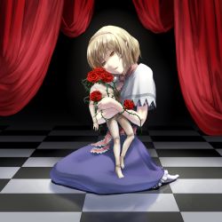 Rule 34 | 1girl, alice margatroid, bad id, bad pixiv id, blonde hair, capelet, checkered floor, chirigami-san, curtains, doll, empty eyes, female focus, flower, hairband, headless, hug, no shoes, red flower, red rose, rose, short hair, sitting, solo, thorns, touhou, wariza, yellow eyes