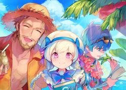 Rule 34 | 10s, 1girl, 2boys, alternate costume, bad id, bad twitter id, bare pectorals, beard, blue eyes, blue hair, book, braid, eyewear on head, facial hair, fate/apocrypha, fate/extra, fate/extra ccc, fate/grand order, fate (series), flower necklace, hans christian andersen (fate), hat, lei, long hair, looking at viewer, multiple boys, nursery rhyme (fate), open clothes, open shirt, pectorals, red hair, shirt, smile, sunglasses, twin braids, twintails, upper body, william shakespeare (fate), writing