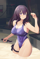 Rule 34 | 1girl, ao no kiseki, arm up, bare arms, bare shoulders, breasts, closed mouth, collarbone, competition swimsuit, eiyuu densetsu, falcom, highleg, highleg swimsuit, highres, holding, holding knife, holding weapon, indoors, knife, large breasts, long hair, one-piece swimsuit, pouch, purple eyes, purple hair, purple one-piece swimsuit, rixia mao, ruins, solo, swimsuit, thigh pouch, thigh strap, v-shaped eyebrows, wading, wangxiii, weapon
