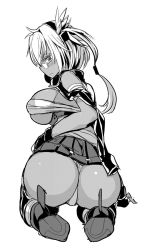 Rule 34 | 10s, 1girl, ass, bare shoulders, blush, breasts, budget sarashi, dark-skinned female, dark skin, dot triangle, from behind, glasses, gloves, greyscale, hair ornament, kantai collection, ken (koala), kneeling, large breasts, looking at viewer, looking back, miniskirt, monochrome, musashi (kancolle), nontraditional miko, sarashi, short hair, sideboob, simple background, skirt, solo, thighhighs, white background