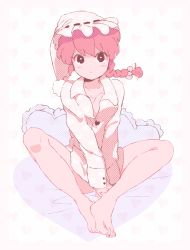 Rule 34 | 1girl, braid, breasts, cleavage, gender request, genderswap, heart, heart-shaped pillow, highres, indian style, machi (mctri), panties, pillow, pink hair, ranma-chan, ranma 1/2, saotome ranma, shirt, single braid, sitting, solo, underwear