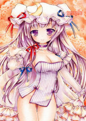 Rule 34 | 1girl, alternate costume, bad id, bad pixiv id, bottomless, breasts, choker, cleavage, crescent, crescent hair ornament, female focus, frills, funnyfunny, hair ornament, hair ribbon, hat, large breasts, long hair, no panties, patchouli knowledge, purple eyes, purple hair, ribbon, sample watermark, smile, solo, touhou, watermark
