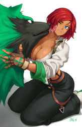 Rule 34 | 1girl, 1other, artist name, belt, blue eyes, breasts, brown gloves, cleavage, dark-skinned female, dark skin, giovanna (guilty gear), gloves, green fur, guilty gear, guilty gear strive, high-waist pants, large breasts, licking, licking another&#039;s face, light blush, multiple belts, one eye closed, ozkh, pants, partially unbuttoned, plunging neckline, red hair, rei (guilty gear), saliva, seiza, short hair, sitting, sleeves pushed up, smile, snout, suspenders, wolf