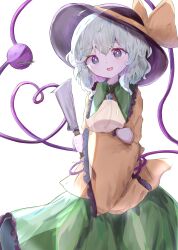 Rule 34 | 1girl, absurdres, black hat, blouse, bow, buttons, diamond button, eyeball, frilled shirt collar, frilled sleeves, frills, green hair, green skirt, hat, hat bow, hat ribbon, heart, heart of string, highres, knife, komeiji koishi, orz trifune, ribbon, shirt, skirt, solo, third eye, touhou, wide sleeves, yellow bow, yellow ribbon, yellow shirt