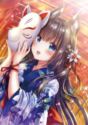 Rule 34 | 1girl, :d, animal ear fluff, animal ears, arm ribbon, blue eyes, blue kimono, blush, bow, braid, brown hair, commentary request, dutch angle, floral print, flower, fox ears, fox mask, hair between eyes, hair flower, hair ornament, hair ribbon, highres, holding, holding mask, japanese clothes, kimono, long hair, long sleeves, looking at viewer, mask, multiple torii, open mouth, original, print kimono, red bow, red ribbon, ribbon, sakura moyon, smile, solo, torii, very long hair, white flower, wide sleeves