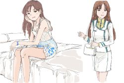Rule 34 | 1girl, bad id, bad pixiv id, bag, bed sheet, blankets, blush, brown eyes, brown hair, choujikuu yousai macross, commentary request, comparison, dual persona, hand on own cheek, hand on own face, handbag, hayase misa, jewelry, long hair, looking at viewer, macross, macross: do you remember love?, military, military uniform, oekaki, on bed, pillow, science fiction, see-through, sitting, skirt, u.n. spacy, underwear, uniform, user xeva5784